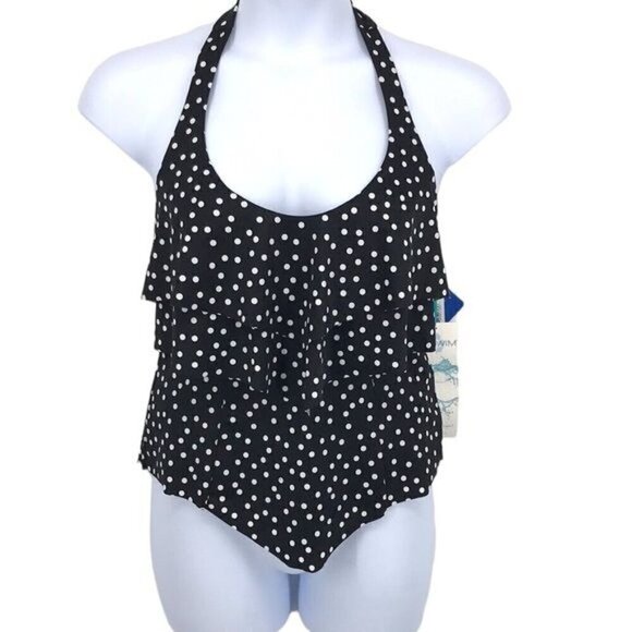 Aqua Green Black & white halter polka dot Tankini Top Size 8 New - Picture 1 of 13